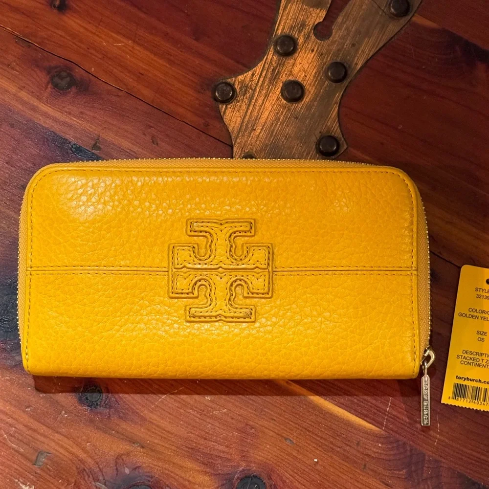 Tory Burch Stacked T Zip Continental Wallet Golden Yellow Leather